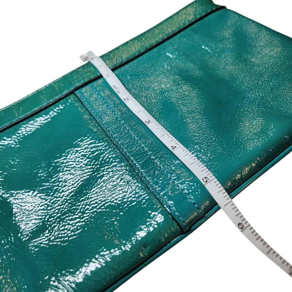 Coach Turquoise Teal‎ Oversized Wristlet Clutch Bag Patent Leather Wrist Strap